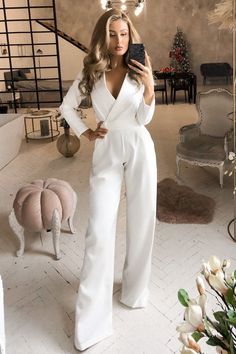 Fabric: Crepe Cotton 65%, Polyester 35% Notched lapels Long sleeves Wide-leg Pants length (inseam): 95cm/ 37.5in Wedding Jumpsuits, Elegante Jumpsuits, Civil Dress, Tiki Fashion, White Jumpsuit Wedding, Clothes Model, Jumpsuit Outfits, Bridal Jumpsuit, Wedding Jumpsuit