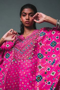 Buy Sonam Luthria Pink Crepe Patola Pattern Kaftan Kurta And Pant Set Online | Aza Fashions Bollywood Palazzo Set With Straight Kurta And Motifs, Bollywood Style Palazzo Set With Straight Kurta, Bohemian Silk Set For Diwali, Bohemian Pink Palazzo Set With Straight Kurta, Pink Bohemian Palazzo Set With Straight Kurta, Bollywood Silk Tunic Set, Bollywood Style Silk Tunic Set, Bohemian Palazzo Set With Motifs For Festive Occasions, Bohemian Pink Palazzo Set For Festive Occasions