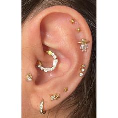 an ear with several different types of piercings