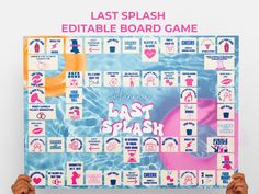 two hands holding up a board game with the words last splash on it and various symbols