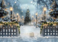 a christmas scene with lights and presents in the snow, surrounded by snowy trees on either side of a fence