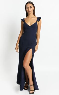 More Than This Dress In Navy | Showpo V-neck Ruffled Maxi Dress For Gala, V-neck Ruffled Maxi Dress For Prom, Elegant Maxi Dress With Ruffled Straps For Prom, Elegant Prom Maxi Dress With Ruffled Straps, Fitted Maxi Dress With Ruffled Straps For Prom, Elegant Fitted Maxi Dress With Ruffled Straps, Formal Spaghetti Strap Maxi Dress With Ruffles, Formal Maxi Dress With Spaghetti Straps And Ruffles, Formal Maxi Dress With Ruffles And Spaghetti Straps