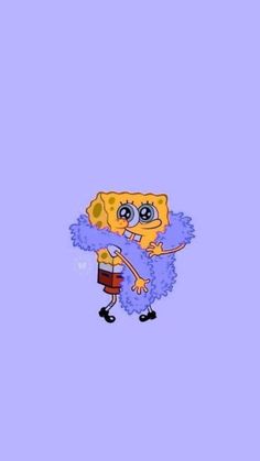 the spongebob character is dancing in front of purple background