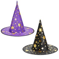 two witches hats with gold stars on them, one purple and the other black are sitting next to each other