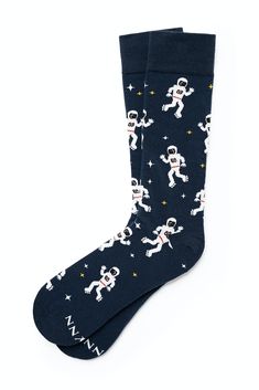 Our navy blue Floating Astronaut socks feature astronauts in outer space, complete with stars in the background and everything. Perfect for NASA lovers and aspiring space cadets alike. Floating Astronaut, Blue Socks, Cotton Socks, Outer Space, Nasa, Floating, Navy Blue, Socks, Navy