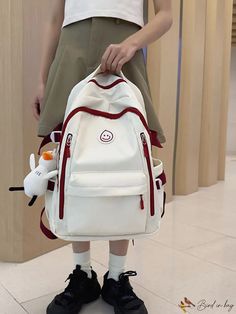 BirdinBag - Functional Two Tone Laptop Backpack with Cartoon Bag Charm for Chic Charm White Canvas School Bag With Zipper Closure, White Canvas Bag With Zipper Closure For School, White Canvas Satchel Bag For Students, White Canvas Satchel For Students, White Canvas Satchel For School, White Large Capacity Shoulder Bag For Study, White Canvas Backpack For Travel, White Portable Satchel Backpack, White Satchel Backpack