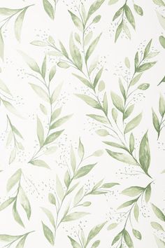 a wallpaper with green leaves and dots on white background, watercolor painting style