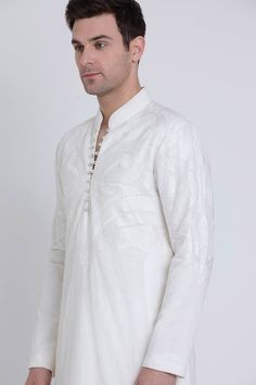 Ivory embroidered linen kurta featuring geometric pattern silk resham detailing. Paired with draped pant. - Aza Fashions Elegant Linen Kurta With Resham Embroidery, Elegant White Linen Kurta, White Linen Fitted Kurta, White Fitted Linen Kurta, Wedding Linen Kurta With Resham Embroidery, White Linen Kurta With Resham Embroidery, Fitted Linen Kurta With Chikankari Embroidery, White Linen Straight Kurta, Traditional Linen Kurta With Resham Embroidery