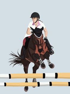 a woman riding on the back of a brown horse jumping over an orange and white barrier