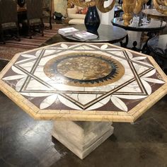 a table that is sitting in the middle of a room with chairs and tables around it