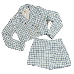 Beautiful Set From Designer, Jason Wu. Never Worn With Tags. Beautiful Light Blue And White Tweed. Matching Cropped Blazer With Gold Buttons And Mini Skirt. Great Quality, Looks Great Dressed Up Or Down Size 4 Chanel Tweed Set, Tweed Blazer Women, Tweed Set, Checkered Blazer, White Tweed, Blazer And Skirt, Blazer Set, Crop Top Skirt