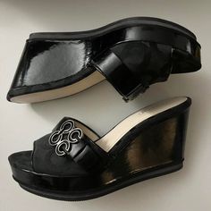 Coach Black Wedge Sandals With Cc Pattern. Women's Size 6. 3 Inch Platform. In Brand New Condition No Returns Accepted. Silver Slip-on Wedge Sandals, Elegant Slip-on Wedge Sandals For Formal Occasions, Silver Wedge Heel Sandals For Formal Occasions, Silver Formal Wedge Sandals, Chic Coach Open Toe Wedge Sandals, Elegant Coach Synthetic Sandals, Patent Leather Wedge Sandals For Evening, Formal Patent Leather Platform Wedge Sandals, Elegant Black Wedge Sandals With Round Toe