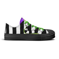 Take your style game to the next level with the Beetlejuice Sandworm Low Top Canvas Sneakers from TimeElements.shop. Inspired by the cult classic film, these sneakers feature a modern, bold design that expresses your love for the spooky and unconventional. Crafted with quality materials, the boots are comfortable and and long-lasting, making them ideal for everyday wear. With their unique, edgy style, you will make a statement wherever you go - be it a concert or just out on the town. Make sure Halloween Sporty Low-top Sneakers, Sporty Low-top Halloween Sneakers, Casual Custom Halloween Sneakers With Round Toe, Black Low-top Sneakers For Halloween, Casual Halloween Sneakers With Rubber Sole, Casual Halloween Skateboarding Sneakers, Beetlejuice Sandworm, Canvas Sneakers Womens, Edgy Style