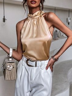 Gold Satin Outfit, White Gold Outfit Classy, Champagne Top Outfit, Gold Blouse Outfit, Satin Top Outfit Classy, Gold Tops Outfit, Sleeveless Shirt Outfit, Satin Tops Blouses