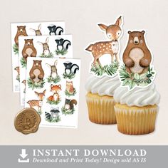 the woodland animals are on top of cupcakes