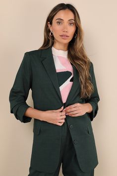 From brunch to the boardroom, prepare for compliments along the way in the Lulus Bold Poise Dark Green Button-Front Blazer! Lightweight stretch-woven fabric shapes this chic blazer with a collared neckline, notched lapels, and long sleeves with lightly padded shoulders and button cuffs. The slightly oversized bodice features a trio of functional buttons at the center, accompanied by two, functional flap pockets. Kick pleat at back. Pair with the matching pants for a complete look! Fit: This garm Green Blazer With Button Closure For Business Casual, Green Business Casual Blazer With Button Closure, Green Button-up Blazer For Business Casual, Green Button-up Workwear Blazer, Green Button-up Blazer For Work, Green Jacket Women, Chic Blazer, Kick Pleat, Matching Pants