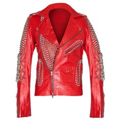 Punk Rock Star Spikey Studs Red Leather Jacket Michael Jackson Jacket, Handmade Jacket, Studded Leather Jacket, Party Jackets, Red Studs, Studded Jacket, Lambskin Leather Jacket, Real Leather Jacket, Biker Leather