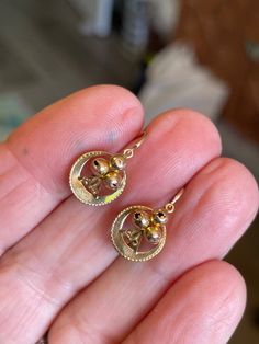 VICTORIAN 18K Gold Dormeuses earrings (sleepers) from FRANCE ~ STUNNING, PETITE and UNIQUE Napoleon 111 Era * COLLECTABLE & RARE  a bit under 3/4" top to bottom Intricate and lovely design No Hallmarks but fully tested 18k Considered Dormeuses (sleepers) as you don't need to remove them once in however these are quite large so hard to sleep in... Back to Front Closures can be tricky but extremely secure once in. I use a makeup mirror for mine Note the damage in the photos on the "beads" some hav Antique Yellow Gold Drop Earrings, Pierced Round Yellow Gold Diamond Earrings, Round Yellow Gold Diamond Pierced Earrings, Victorian Yellow Gold Drop Earrings, Victorian 14k Gold Drop Earrings, Yellow Gold Cluster Earrings For Formal Events, Heirloom Style Drop Earrings, Victorian Yellow Gold Dangle Earrings, Heirloom Pierced Drop Earrings