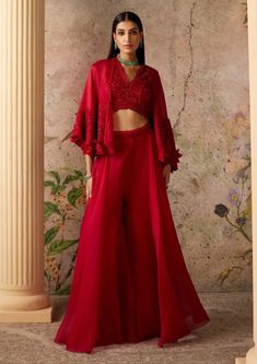 Ridhi Mehra-Sashay Red Cape And Sharara Set-INDIASPOPUP.COM Sleeveless Net Blouse, Cape Sharara, Organza Sharara, Organza Cape, Ridhi Mehra, Net Blouse, Net Blouses, Red Cape, Traditional Indian Outfits