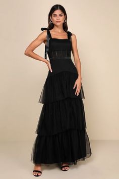 Black Tulle Dress - Tie-Strap Bustier Dress - Tiered Maxi Dress - Lulus Black Tie Wedding Guest Dress Fall, Black Tie Bridesmaid Dresses, Moh Dress, Black Tie Bridesmaids, Black Tie Optional Wedding, Black Tie Dresses, Black Tulle Dress, Wedding Aesthetics, Black Tie Wedding Guests