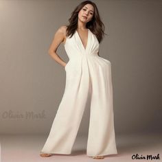 Olivia Mark - Sleeveless Halter Jumpsuit Bride Jumpsuit Wedding Receptions, Reception Jumpsuit For Bride, Wedding Reception Jumpsuit For Bride, Bride Jumpsuit Wedding, Elegant Lounge Wear, Unique Jumpsuits, Cocktail Jumpsuit, V Neck Jumpsuit, Halter Neck Jumpsuit