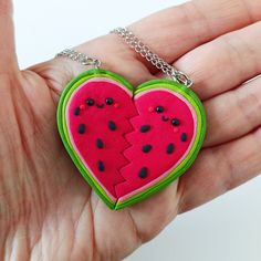 This set of 2 friendship watermelon heart necklaces are handmade with polymer clay by myself, they are completely adorable!  - Chains are made of high quality stainless steel suitable for sensitive skin. - Pendants are aprox. 5 cm big I love to making custom orders! I'll work with you to make something completely unique and exactly how you want it; this includes shape, size and color that you adore. Let me know what you like and I'll do it.  Perfect for unique gifts, treats for yourself or speci Cute Green Jewelry For Valentine's Day, Handmade Necklaces For Best Friend Gift On Valentine's Day, Handmade Necklace For Best Friend Gift On Valentine's Day, Fun Handmade Charm Necklaces For Gifts, Handmade Fun Charm Necklace As A Gift, Handmade Fun Charm Necklaces For Gift, Handmade Cute Heart Necklace, Handmade Fun Style Charm Necklaces As Gifts, Red Polymer Clay Necklace For Gift