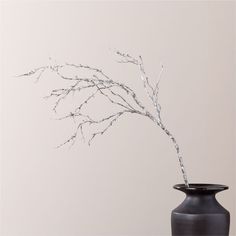 a black vase with branches sticking out of it