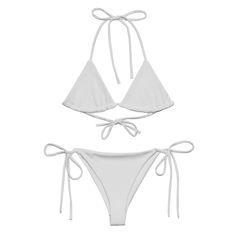 Light gray recycled string bikini. Stay comfortable and stylish all summer with this All-Over Print Recycled String Bikini set. It's made from soft recycled polyester with double-layering and UPF 50+. Style the straps how you like and get ready to swim!  * Soft and stretchy material with UPF 50+ * Sizes up to 6XL * Bikini top comes with removable padding for comfort * Multiple ways to tie and style the bikini set Disclaimers:  * Due to the 2-layered construction and internal stitching, a visible stitch may appear in the crotch seam of the bikini bottom. This is a normal part of the manufacturing process and does not impact the quality or performance of the product. * To make your All-Over Print Recycled String Bikini last longer, thoroughly rinse it off after each use and get rid of any ch Vacation String Swimwear With Drawstring, String Swimwear With Drawstring For Vacation, White Triangle Top Swimwear With String Tie, White Fitted Swimwear With String Tie, White String Tie Swimwear For Beach Season, White Triangle Top Swimwear With Drawstring, White String Tie Swimwear For Sunbathing, White String Tie Swimwear For Summer, White String Swimwear For Summer