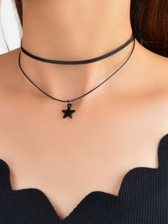 Color: Black Gender: Women Material: Ribbon Quantity: 1 piece Style: Fashionable Details: Star Type: Chokers IN Length 12.2-15 This data was obtained from manually measuring the product, it may be off by 1-2 CM. Layered Choker Necklace, Black Choker Necklace, Black Neck, Layered Chokers, Black Choker, Star Jewelry, Black Necklace, Girly Jewelry, Stylish Jewelry