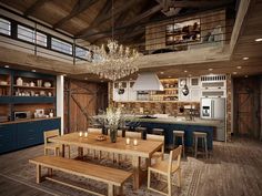 a rustic kitchen with wooden floors and blue cabinets, chandelier above the dining table