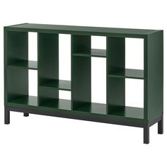 a green bookcase with four shelves on one side and three doors on the other