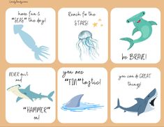 four cards with different types of animals and words