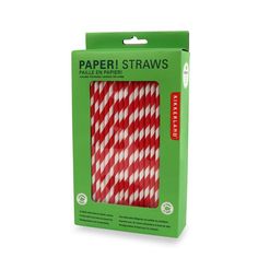 red and white striped paper straws in a green box with the packaging on it