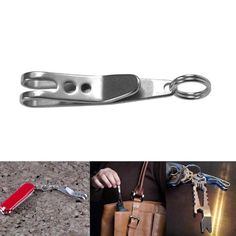 a collage of photos with different items including a purse and a pair of scissors