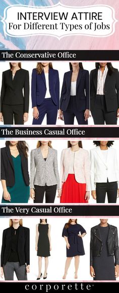 Wondering what the best interview attire is? It depends on the job you're interviewing for -- and the type of office it is. If you're a creative personality in a creative role, go with what you want -- but for everyone else looking for guidance on what to wear for an interview for a conservative office, interview attire for a business casual office, or even how to interview at a Very Casual office, these are some of our best tips on interview attire for different types of jobs. (Pro tip, though, Engineer Office Outfit, Career Guidance Outfit Ideas, What To Wear For An Interview For Women Office Style, Law Office Attire, Dress For Success Women Business, Outfits For An Interview Woman, Outfits For Interviews Professional, Business Professional Interview Outfit, Presentation Outfit Business