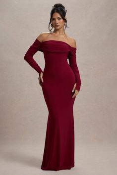 An enchanting style designed for romantic evenings, event season calls for a dress like Amaia. Carefully crafted in a rich berry shade of our sculpting jersey fabric, this maxi is defined by its bardot neckline, subtle cowl detail and long, flattering sleeves. From winter weddings to special prom nights, Amaia is a captivating choice. Features - Premium stretch jersey- Bardot neckline - Draped cowl - Long sleeves- Invisible zip closure- Maxi length Sizing & Fit Model is 5'6 and wears UK size 8 / US size 4 Product Information Designed exclusively by Club L London Double layered with good stretch Premium jersey in Berry (95% Polyester, 5% Elastane) 155cm total length SKU: CL134773037 Prom Dresses Long Sleeve, Evening Long Dress, Bardot Neckline, Long Sleeved Dress, Black Dress Prom, Black Tie Gala, Winter Weddings, Christmas Party Dress, Bridesmaid Outfit