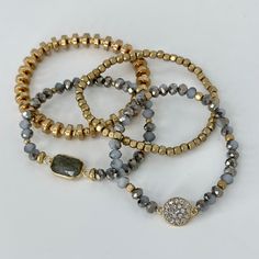 This set of 4 individual bracelet's have a classic look and will look great to wear year round, and will stack up well with so many pieces. Bracelets are “one size fits most” and are designed to fit wrists up to 7.0”. *Bracelets usually ship within 3-5 business days. Please be aware that due to the unique and handmade nature of each product, color, shapes, and bead sizes may vary slightly from the photos and description. Bead Sizes, Bar Bracelets, Gold Bar, Color Shapes, Hand Beading, Bracelet Set, Round Beads, Classic Looks, Handmade Natural