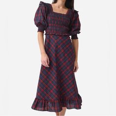 Hunter Bell Annie Dress In Navy/Red Plaid - Straight, Squared Neckline - Long Sleeves With Smocked Elastic Cuffs - Ruffled Shoulder Details - Smocked Bodice. Fitted At Waist. - Invisible Zip At Back With Hook & Eye - Smocked Bodice With Flare Skirt & Ruffle Hem - Midi Length - Lightweight, Non-Stretch Shirting - Material: 50% Cotton 50% Polyester - Care Instructions: Dry Clean Only - Worn Once For Holiday Pictures - Pictured Me Wearing It As A True Size 14 (Stretchy Smocked Bodice Makes Sizing Vary) - No Imperfections Or Stains - Comes From Smoke-Free Home Turner Dress, Red Lace Midi Dress, Annie Dress, Sleevless Dress, Hunter Bell, Skirt Ruffle, One Shoulder Midi Dress, Belle Dress, Yellow Midi Dress