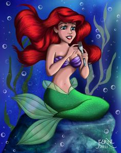 the little mermaid is holding a fork and knife