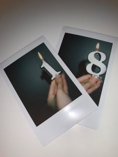 two polaroid photos with candles in the shape of eight and eight on top of each other