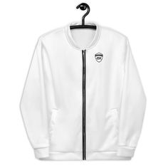 LifeStyle4BK Unisex Bomber Jacket White/Black....Add a little zing to your wardrobe with this vibrant All-Over Print Bomber Jacket. Wear it on a basic t-shirt, or layer it on top of a warm hoodie--it'll look great either way. With a brushed fleece inside, and a relaxed unisex fit, this Bomber Jacket is just the stuff of the dreams, so be quick to grab yourself one! * 100% polyester * Fabric weight: 6.49 oz/yd² (220 g/m weight may vary by 5% * Brushed fleece fabric inside * Unisex fit * Overlock Basic Long Sleeve Outerwear For Streetwear, Basic Long Sleeve Streetwear Outerwear, Fall Streetwear Outerwear With Branding, Urban Crew Neck Solid Color Outerwear, Basic Outerwear With Ribbed Cuffs In Relaxed Fit, White Crew Neck Outerwear For Layering, White Fitted Crew Neck Outerwear, White Urban Crew Neck Outerwear, White Crew Neck Urban Outerwear