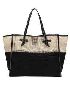 Two-color mesh effect fabric shopping bag, contrasting leather trim, leather handles, magnet closure, interior lining, leather clutch bag, size: 38x31x16 cm Composition: Fabric, 100% | Gianni Chiarini Women's Black Mesh Effect Fabric Shopping Bag | SS24 Fabric Shopping, Gown Pattern, Leather Clutch Bag, Leather Clutch Bags, Leather Handles, Black Mesh, Luxury Retail, Leather Clutch, Luxury Boutique