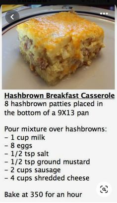 the recipe for hashbrown breakfast casserole is shown in this screenshot