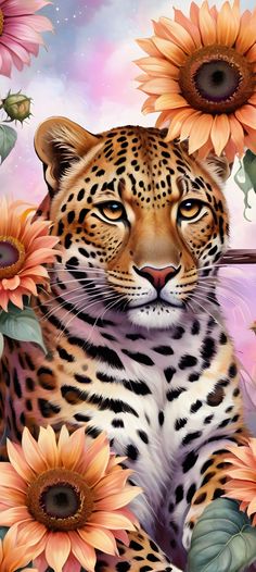 a painting of a leopard surrounded by sunflowers