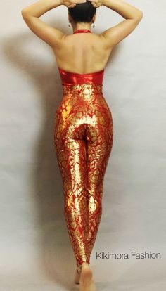 Elegant Royal Gold/Red open back catsuit, costume for dancers, outfit for party or festival. Custom made by your measurement! No extra charge for custom sizes or colors change for XL. If you purchase today , your custom made item will arrive in 7-10 days in USA. Shipping upgrades available in checkout. ITEM FITURES : Top- Red open back (hologram lycra) Bottom - high waisted pants (metallic gold print hologram lycra) Zipper front 4 way stretch Lycra fabric. Top quality gold metallic print and red Fitted Backless Leotard For Party, Fitted Backless Party Leotard, Fitted Party Bodysuit With Boning, Red Fitted Unitard For Party, Red Stretch Unitard For Party, Fitted Red Unitard For Party, Fitted Full-length Unitard For Dance, Fitted Sleeveless Unitard For Party, Stretch Dancewear Bodysuit For Costume Party