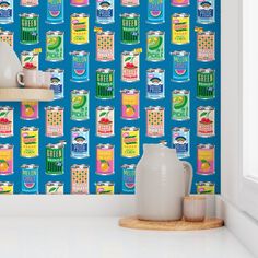 a kitchen wallpaper with canned food can't be seen in this photo,