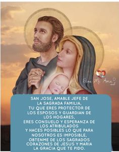 an image of jesus holding a baby in his arms with the words san jose, amable jefe de la sagrada familia