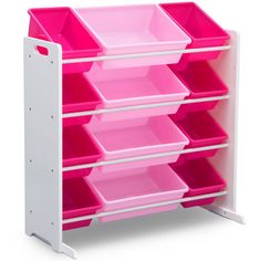 a pink and white toy storage unit with six bins on the bottom, one is empty