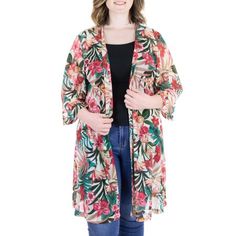 This comfortable lightweight kimono cardigan is must have style for Spring and Summer. Featuring a sheer mesh material in a beautiful tropical floral print, wide three quarter length sleeves, extended knee length, and a modern open front. Layer this cardigan over a tank top for an easy dressed up look or wear it over a swimsuit as a lightweight cover up. Made in the USA from a comfortable stretch sheer material in poly spandex. Size: 1X. Color: Multicolor. Gender: female. Age Group: adult. Casual Tropical Print Cover-up For Spring, Casual Spring Tropical Print Cover-up, Spring Tropical Print Cover-up, Spring Floral Print Open Front Cover-up, Tropical Cover-up For Spring Day Out, Casual Floral Print Cover-up With Kimono Sleeves, Casual Open Front Cover-up With Floral Print, Casual Floral Print Kimono For Beach Season, Hawaiian Floral Print Spring Cover-up