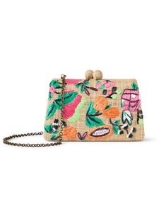 Serpui's Candice clutch will add the perfect finishing touch to all your summer ensembles. Embroidered with a colorful fruit motif, this raffia bag features a magnetic snap closure with the option of a metal or pink resin shoulder strap. Style this eye-catching accessory with everything from cocktail dresses to breezy sets. Valentines Frames, Raffia Clutch, Skirt And Top Dress, Frances Valentine, Work Accessories, Colorful Fruit, Raffia Bag, Scarf Jewelry, Clutch Handbag